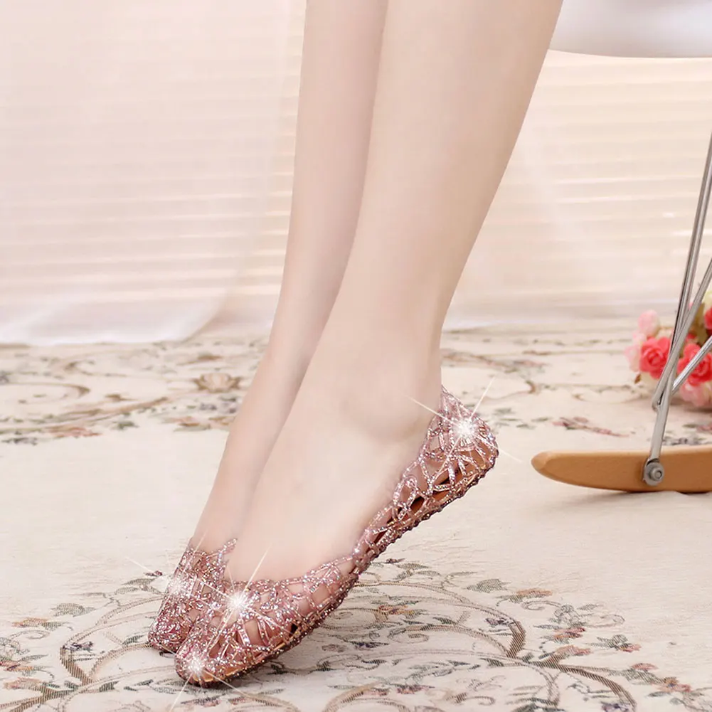 Женские босоножки с блестками перфорированные сандалии желе на плоской подошве