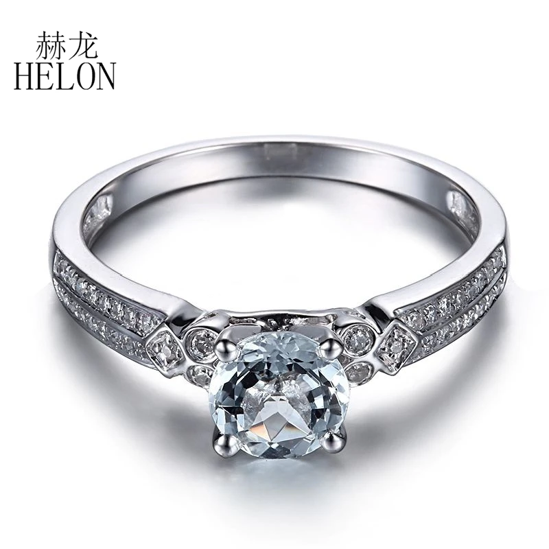 

HELON Solid 14K White Gold Flawless Round Aquamarine & Diamonds Engagement Ring Women Gemstone Wedding Fine Jewelry Ring Gift