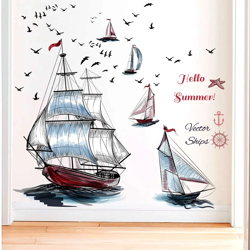 Современные Настенные Стикеры с изображением парусника корабля чайки ландшафта