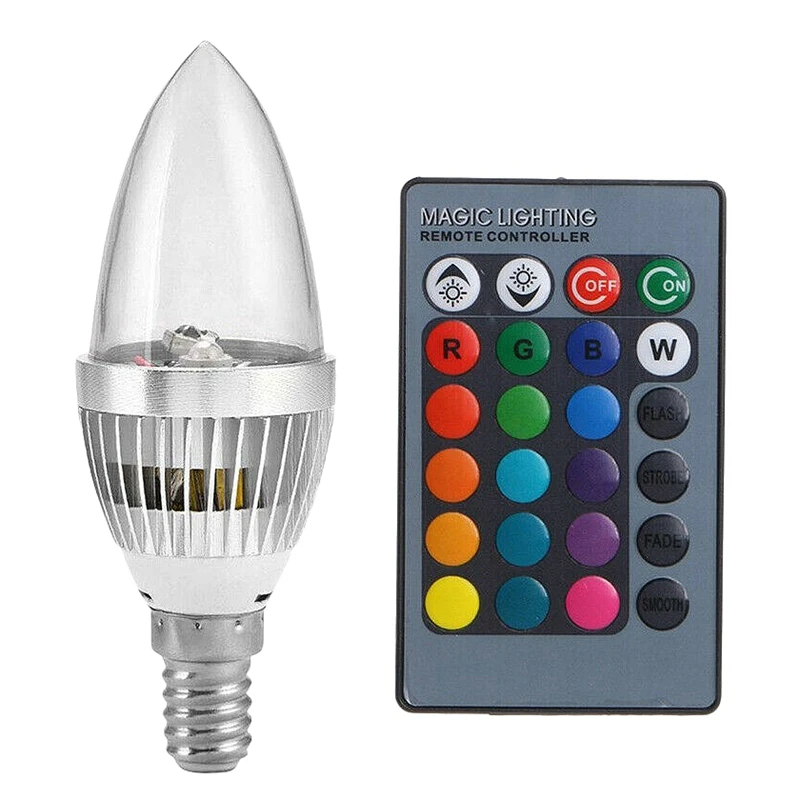 3W Smart E12 RGB LED Colorful Change Color Bulb with 24 Candle Remote Control Button Transparent Lampshade
3W Smart E12 RGB LED Colorful Change Color Bulb with 24 Candle Remote Control Button Transparent Lampshade