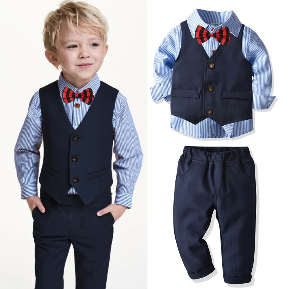 New Boy Child Costume Set For Infant Boy Childrens Suit Striped Shirt + Pant +Vast + Bow 4 Pieces Baby Suit For Boy For 2-8 Age
New Boy Child Costume Set For Infant Boy Childrens Suit Striped Shirt + Pant +Vast + Bow 4 Pieces Baby Suit For Boy For 2-8 Age