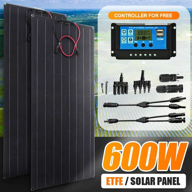 ETFE Solar Panel 600W 300W 18V Outdoor Camping Van Solar Power Bank Battery Charger Solar Energy Generator System Kit Complete
ETFE Solar Panel 600W 300W 18V Outdoor Camping Van Solar Power Bank Battery Charger Solar Energy Generator System Kit Complete