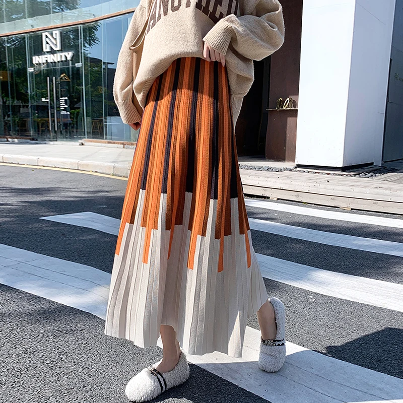 Fashion 2021 Pleated Winter Women Knitted Skirts High Waist Contrast Vertical Stripe Girl's Skirt Ankle-length Skirts Womens OL
Fashion 2021 Pleated Winter Women Knitted Skirts High Waist Contrast Vertical Stripe Girl's Skirt Ankle-length Skirts Womens OL
