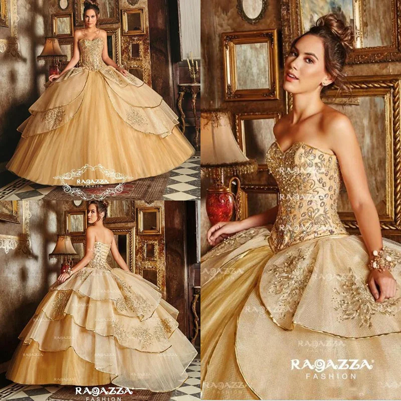 Gold Sweetheart Ball Gown Quinceanera Dresses Beads Crystal Tiered Skirts Sweet 16 Dress Girls Masquerade Gowns Lace Up
Gold Sweetheart Ball Gown Quinceanera Dresses Beads Crystal Tiered Skirts Sweet 16 Dress Girls Masquerade Gowns Lace Up