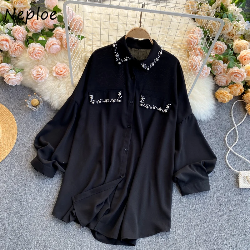 Elegant beaded loose blouse women's lapel long-sleeved solid color shirt for women V0531
Elegant beaded loose blouse women's lapel long-sleeved solid color shirt for women V0531
