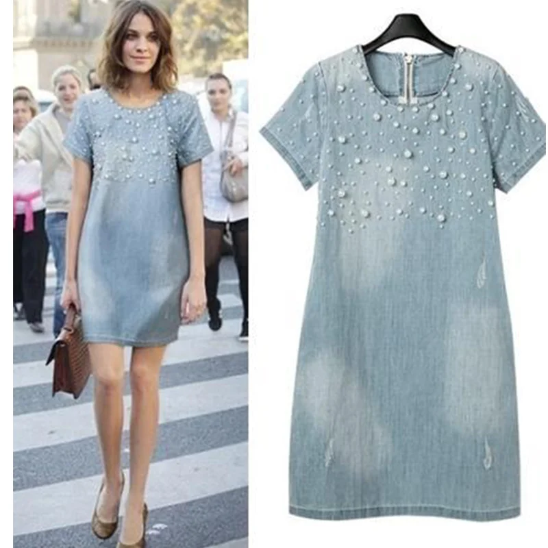 Sexy Loose Short Sleeved Dress A Line Washed Denim Beaded Dress Female 2020 Popular Summer Casual Fashion Denim Women Dress
Sexy Loose Short Sleeved Dress A Line Washed Denim Beaded Dress Female 2020 Popular Summer Casual Fashion Denim Women Dress