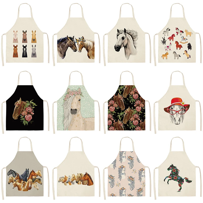 

1Pcs Horse Kitchen Sleeveless Aprons For Women Cotton Linen Bibs Household Cleaning Pinafore Home Cooking Apron 53*65cm WQL0176