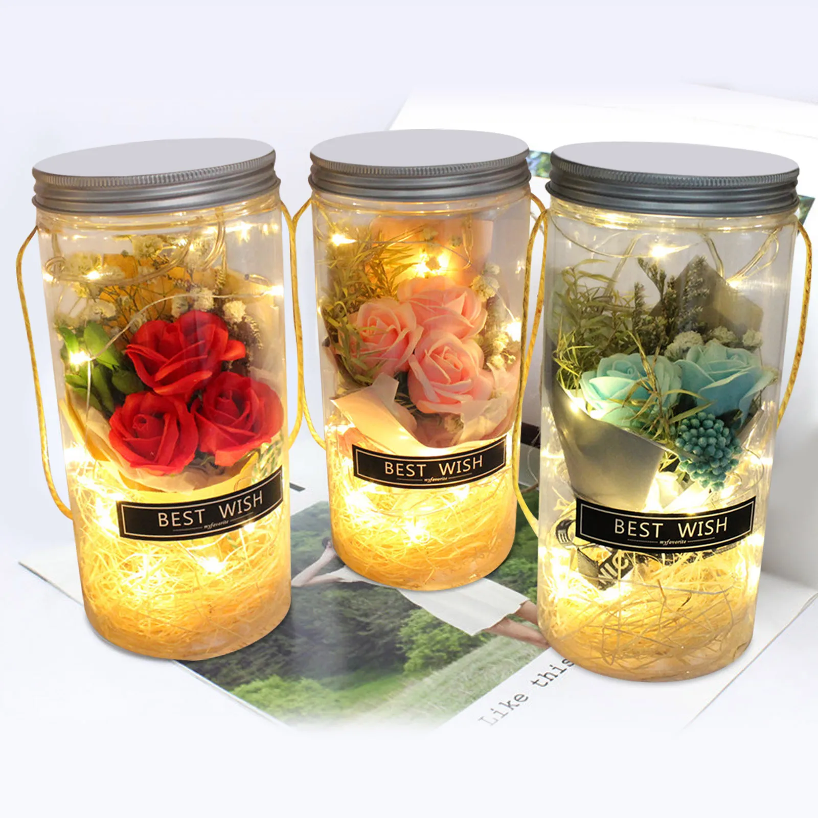 Behogar Eternal Rose Soap Rose Flower with Led String Light in Plastic Wishing Bottle for Valentine's Day Gift Wedding Decor
Behogar Eternal Rose Soap Rose Flower with Led String Light in Plastic Wishing Bottle for Valentine's Day Gift Wedding Decor