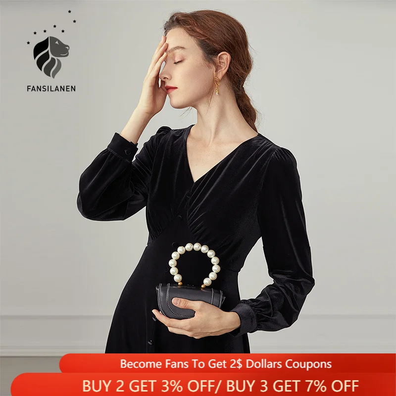 FANSILANEN Elegant Velvet Midi Party Black Dress Women V Neck Long Sleeve Slim Sexy Dress Autumn Winter Club Vitnage Dress 2020
FANSILANEN Elegant Velvet Midi Party Black Dress Women V Neck Long Sleeve Slim Sexy Dress Autumn Winter Club Vitnage Dress 2020
