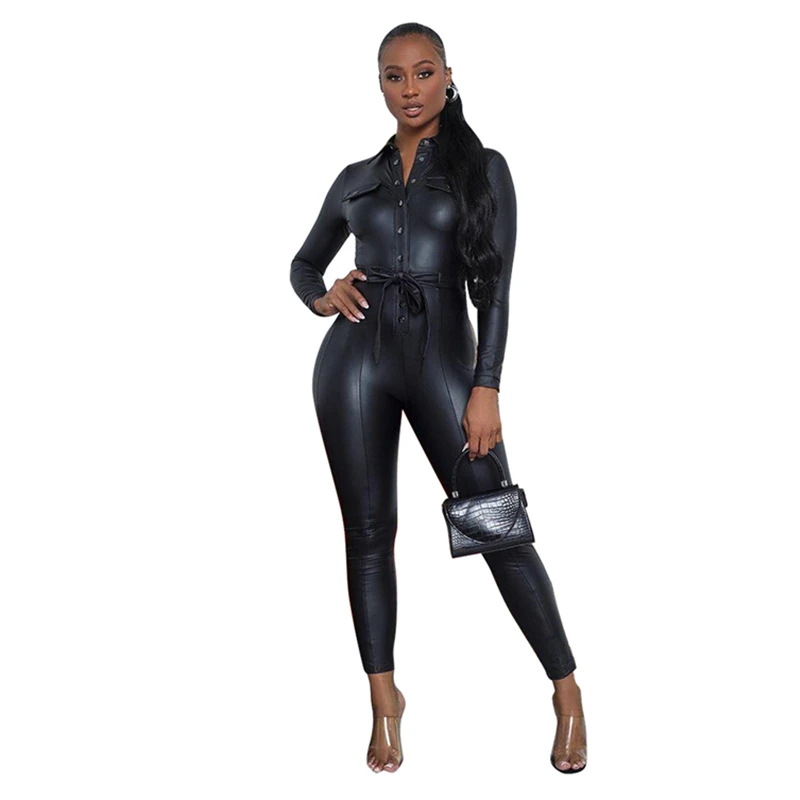 Женский модный сексуальный черный комбинезон из искусственной кожи с длинным рукавом и поясом с пряжкой 
Женский модный сексуальный черный комбинезон из искусственной кожи с длинным рукавом и поясом с пряжкой