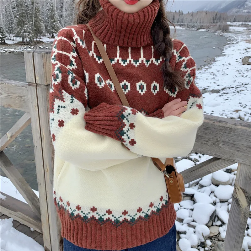 Turtleneck Christmas Day Sweater Women's Winter Thicken Cartoon Print Loose Round Neck Autumn/Winter Knitted Thick Clothes 
Turtleneck Christmas Day Sweater Women's Winter Thicken Cartoon Print Loose Round Neck Autumn/Winter Knitted Thick Clothes