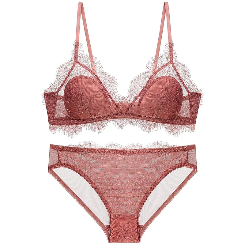 New European American French Triangle Cup No Underwire Bra Set Thin Sexy Eyelash Lace Underwear Brassiere Lingerie
