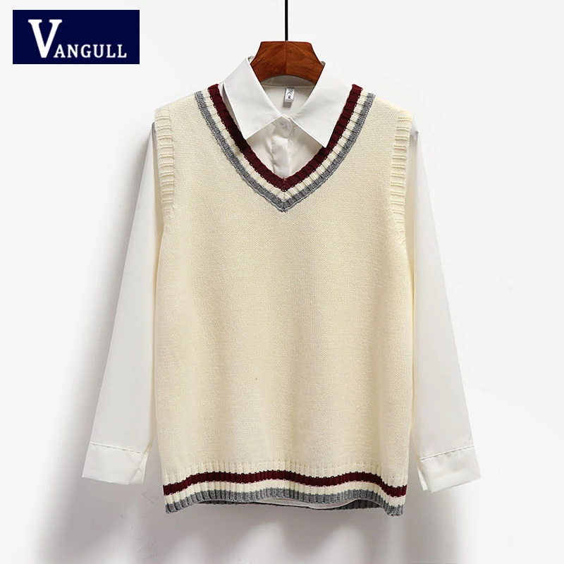 Vangull 2020 New Spring Autumn Sweater Vest Women V-Neck Knitted Vest Female Preppy Style Tank Tops Sleeveless Female Hot Sale 
Vangull 2020 New Spring Autumn Sweater Vest Women V-Neck Knitted Vest Female Preppy Style Tank Tops Sleeveless Female Hot Sale