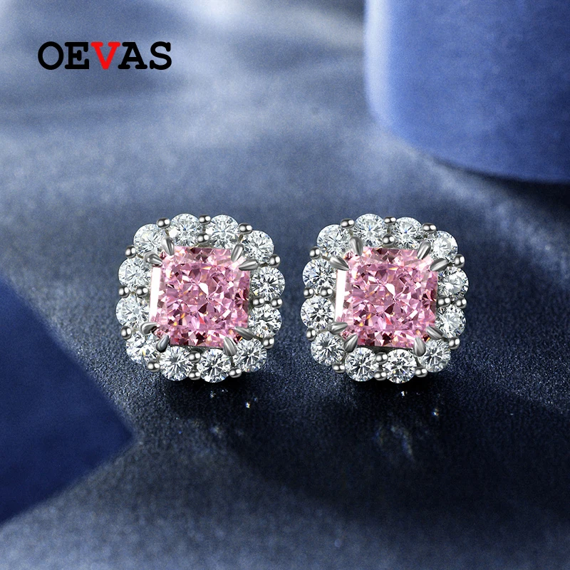 

OEVAS 100% 925 Sterling Silver 7*7mm Pink Aquamarine Padma Orange High Carbon Diamond Stud Earrings For Women Fine Jewelry Gifts