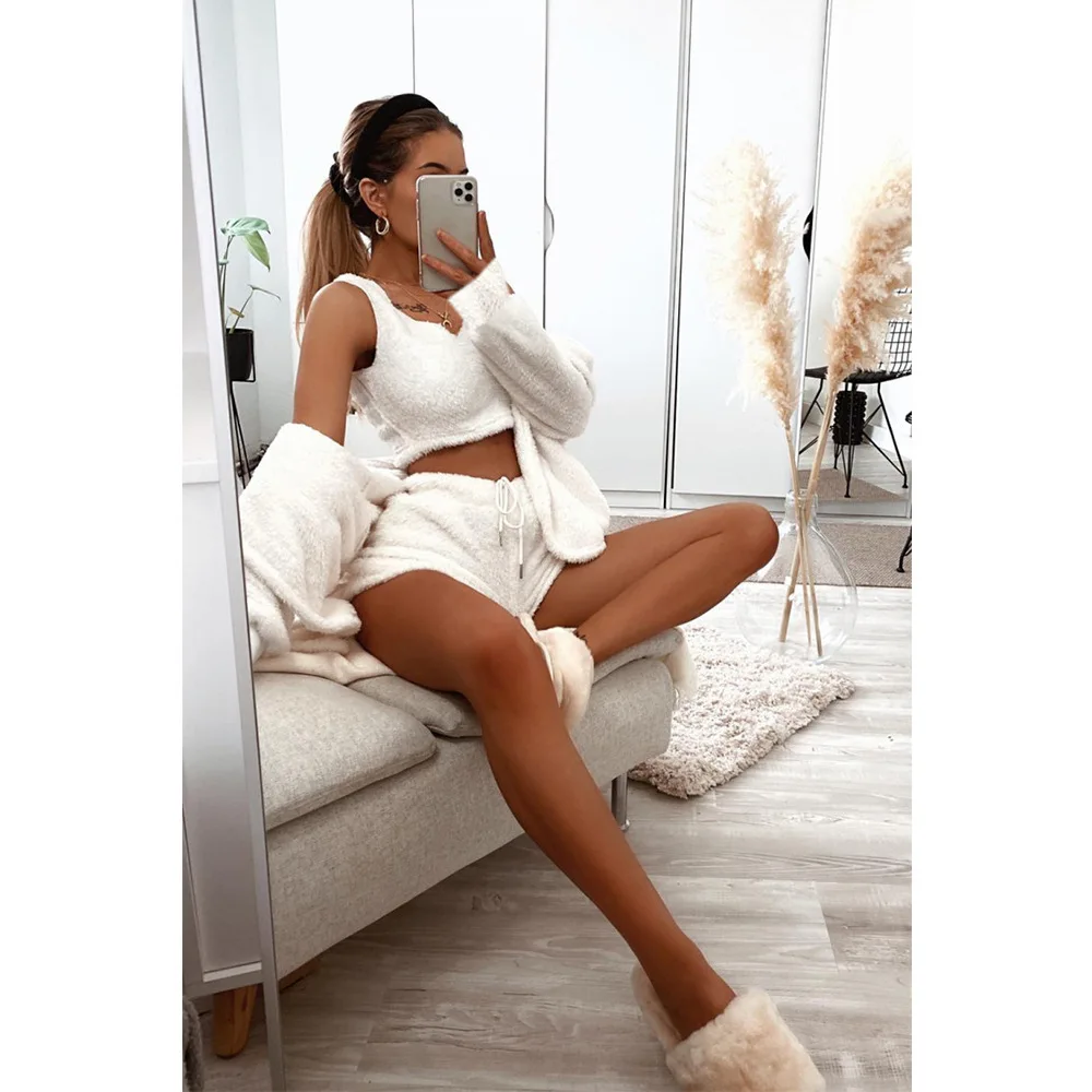 Women 3 Pieces Set Sexy Crop Tank Top+Shorts+Cardigans Suit Fashion Cozy Fuzzy Female Winter Spring Warm Suits Black White
Women 3 Pieces Set Sexy Crop Tank Top+Shorts+Cardigans Suit Fashion Cozy Fuzzy Female Winter Spring Warm Suits Black White