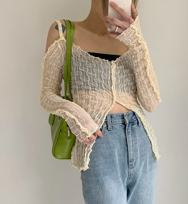 E-girl Fashion Sexy Wave Ruffled Long Sleeve T-Shirt Transparent Clothing Women Y2K Fashion Aesthetics Strapless Zipper Slit Top
E-girl Fashion Sexy Wave Ruffled Long Sleeve T-Shirt Transparent Clothing Women Y2K Fashion Aesthetics Strapless Zipper Slit Top