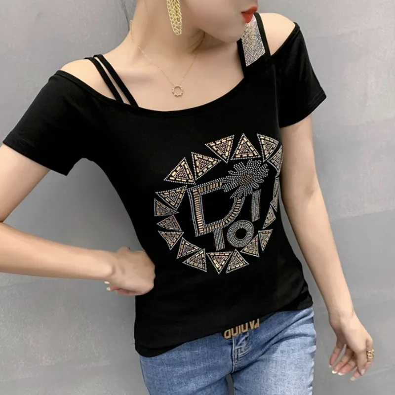 #6232 Black Red Orange Summer Top Women Off Shoulder T Shirt With Diamonds Slim Streetwear T-shirt Female Cotton Slash Neck
#6232 Black Red Orange Summer Top Women Off Shoulder T Shirt With Diamonds Slim Streetwear T-shirt Female Cotton Slash Neck