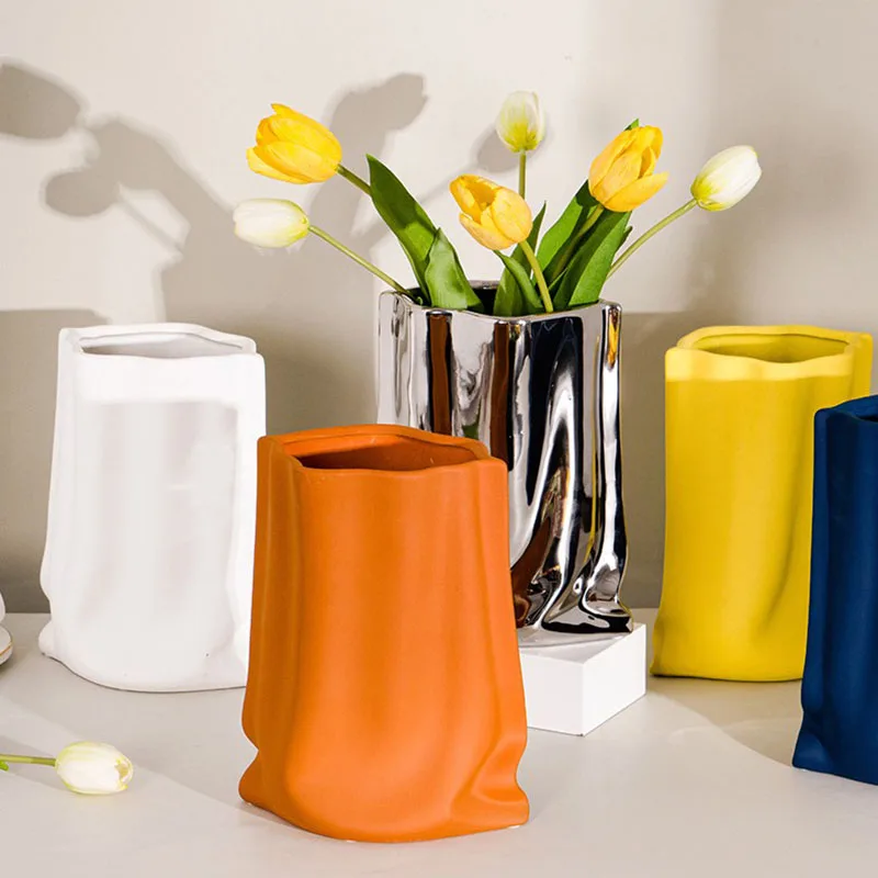 

Nordic Bag Vase Morandi Ceramic Vases Home Decor Ваза Decoration Ornaments Living Room Porch Tabletop Flower Arrangement Pot