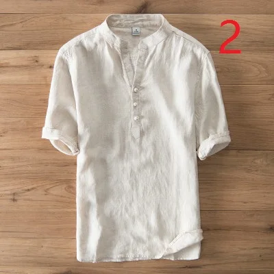 Linen shirt men's striped collar collar cardigan shirt cotton and linen seven-point sleeves on clothes spring
Linen shirt men's striped collar collar cardigan shirt cotton and linen seven-point sleeves on clothes spring
