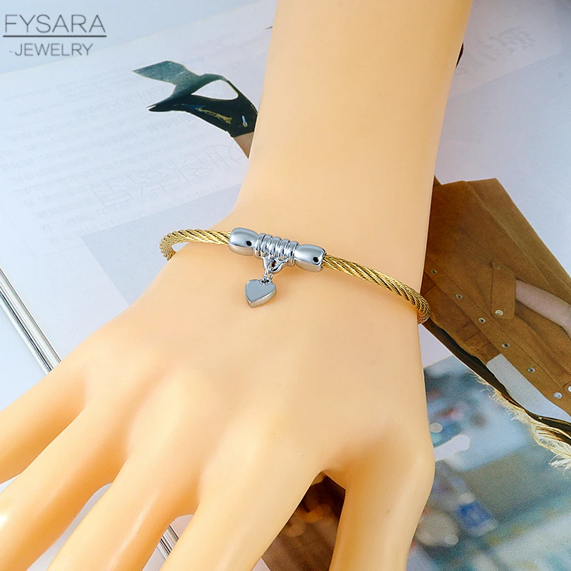 FYSARA Stainless Steel Cable Wire Thin Bracelets Bangles With Heart Charm Pulserias For Women Vintage Jewelry Gold | Украшения и