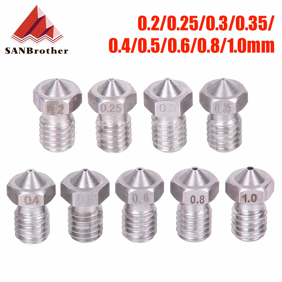 

2PCS V5 V6 Stainless steel Nozzle 0.2/0.3/0.4/0.5/0.6/0.8mm M6 thread Nozzle for 3D Printer E3d 1.75/3.00MM Extruder Print Head