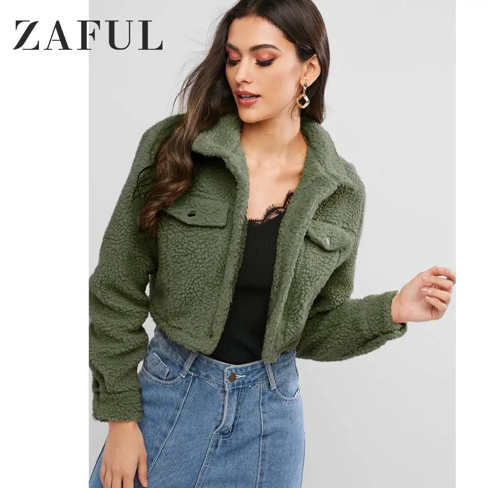 ZAFUL пушистая короткая куртка на кнопках с длинными рукавами и отложным