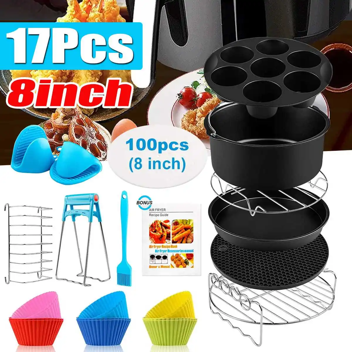 17pcs 8 Inch Air Fryer Accessories for Airfryers 4.2QT 5.3QT 5.8QT Baking Basket Pizza Plate Grill Pot Kitchen Cooking Tool
17pcs 8 Inch Air Fryer Accessories for Airfryers 4.2QT 5.3QT 5.8QT Baking Basket Pizza Plate Grill Pot Kitchen Cooking Tool