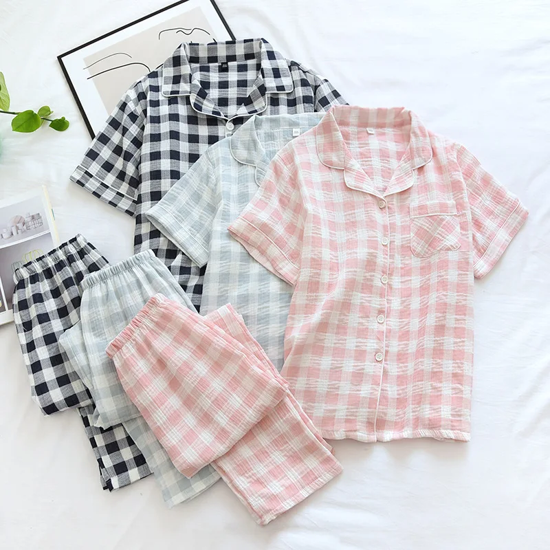 Summer Couple Pajamas Pure Cotton Crepe Simple Plaid Short Sleeve Trousers Men/women Sleepwear Set Loose Comfy Soft Home Wear
Summer Couple Pajamas Pure Cotton Crepe Simple Plaid Short Sleeve Trousers Men/women Sleepwear Set Loose Comfy Soft Home Wear