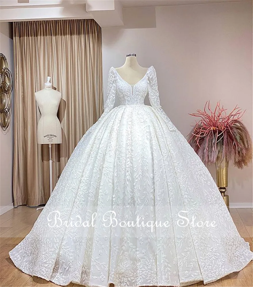 

Роскошное кружевное свадебное платье с длинными рукавами и бисером, бальное платье принцессы на шнуровке сзади, изготовленное на заказ