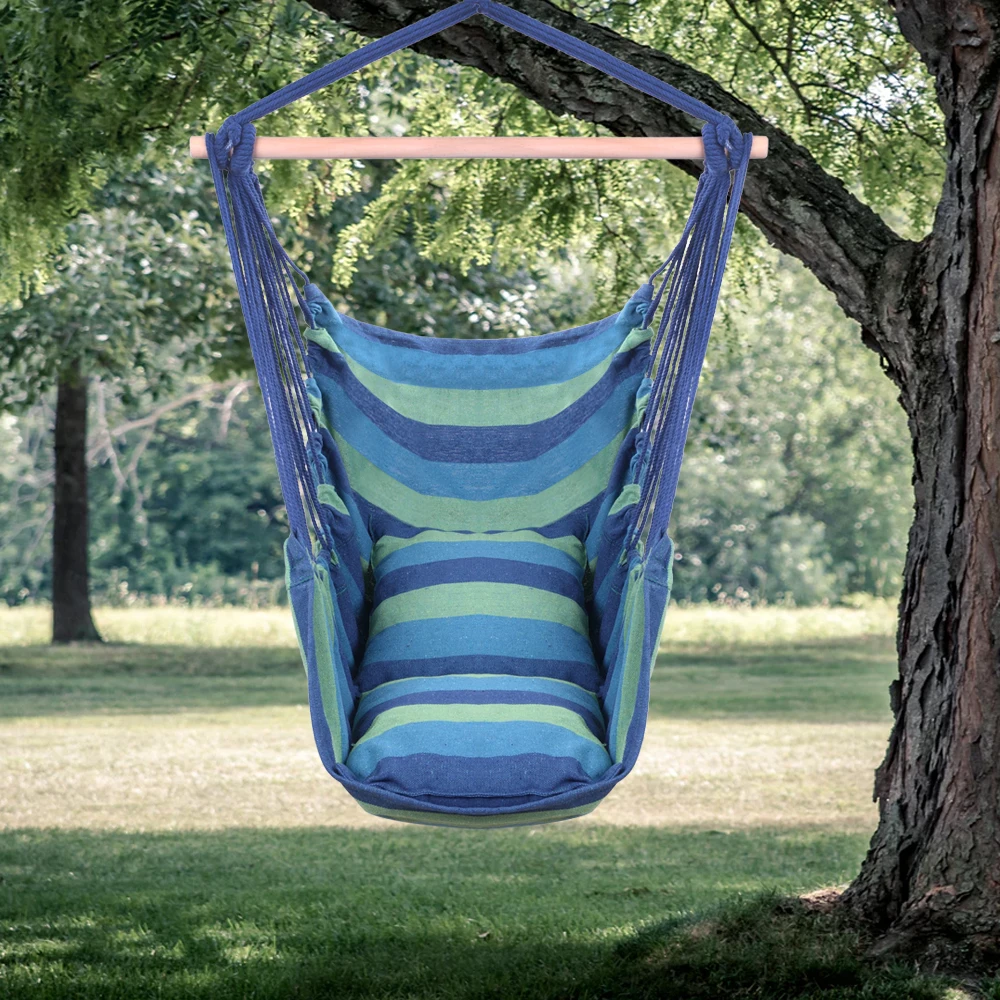 Distinctive Cotton Canvas Hanging Rope Chair with Pillows Blue Hammock Free Shipping US Stock 
Distinctive Cotton Canvas Hanging Rope Chair with Pillows Blue Hammock Free Shipping US Stock
