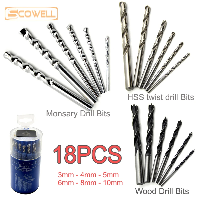 

18PCS Drill Bits Kit Wood Drilling Bit HSS Twist Jobber Drills Monsary Drill Bits Multi Tools Bit 3mm 4mm 5mm 6mm 8mm 10mm