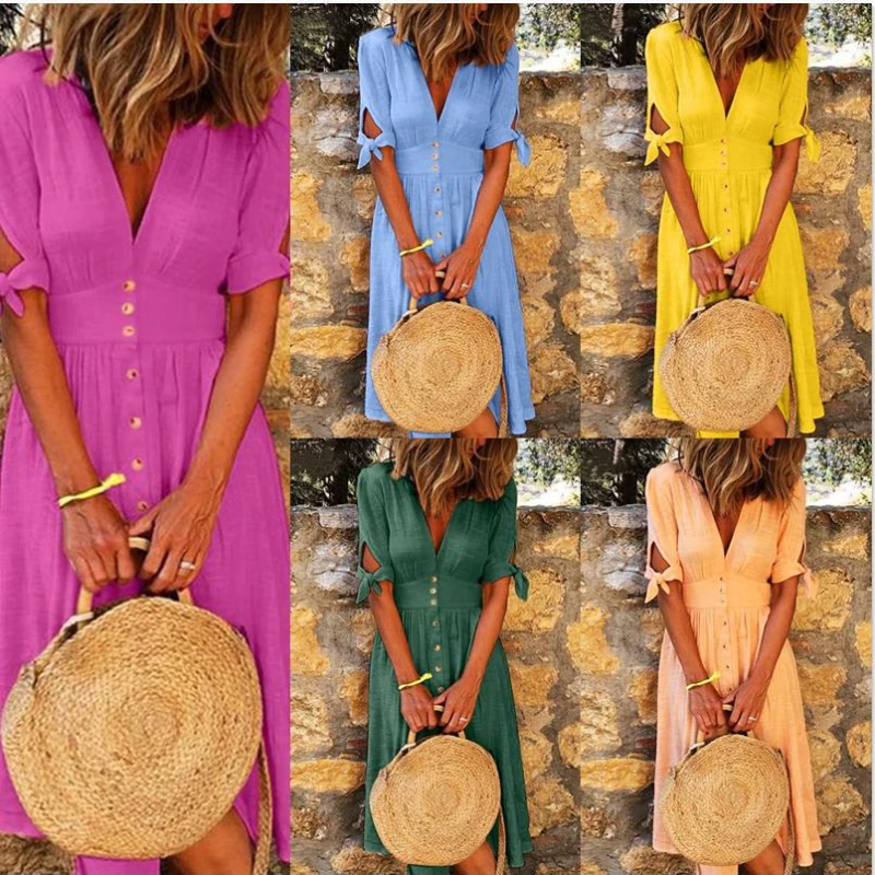 Summer Beach Holiday Style Skirt Short-sleeved V-neck Solid Color Sexy Ladies Dress Plus Size Women's Clothing Vestido Feminino
Summer Beach Holiday Style Skirt Short-sleeved V-neck Solid Color Sexy Ladies Dress Plus Size Women's Clothing Vestido Feminino