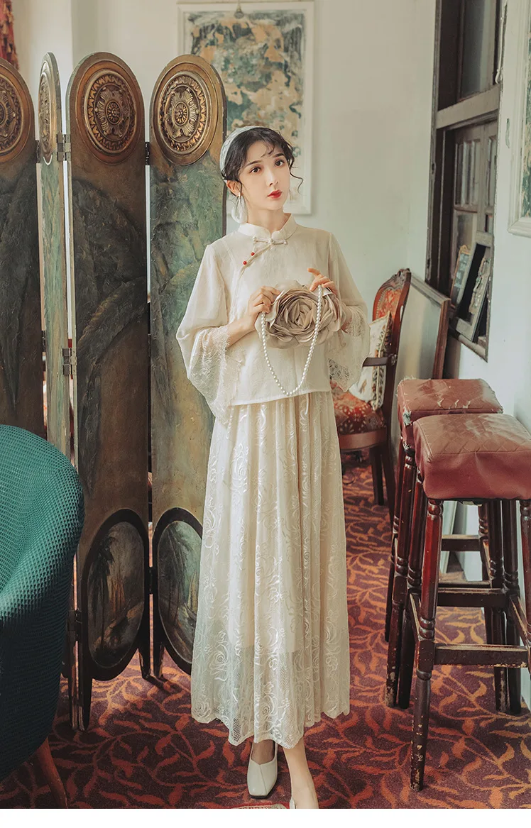 New autumn fashion Chinese style retro Lace fairy suspender dress+long-sleeved cheongsam top two pieces set suit for women 
New autumn fashion Chinese style retro Lace fairy suspender dress+long-sleeved cheongsam top two pieces set suit for women
