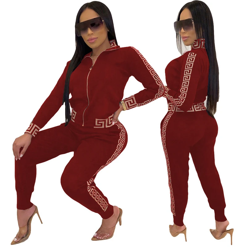 

2021 Tracksuit Women Elegant Two -Pieces Suit Sets Female Stylish Plus Size Greek Fret Print Coat & Pant Sets Jogging Femme