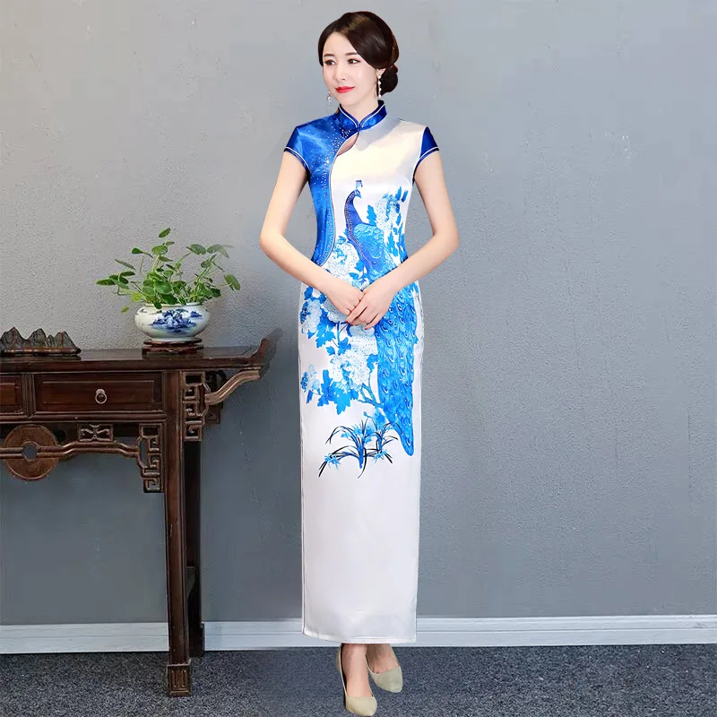 

Vintage Chinese Style Long Dress Sexy Satin Print Slim Banquet Gown High Split Classic Oriental Cheongsams Mandarin Collar Qipao