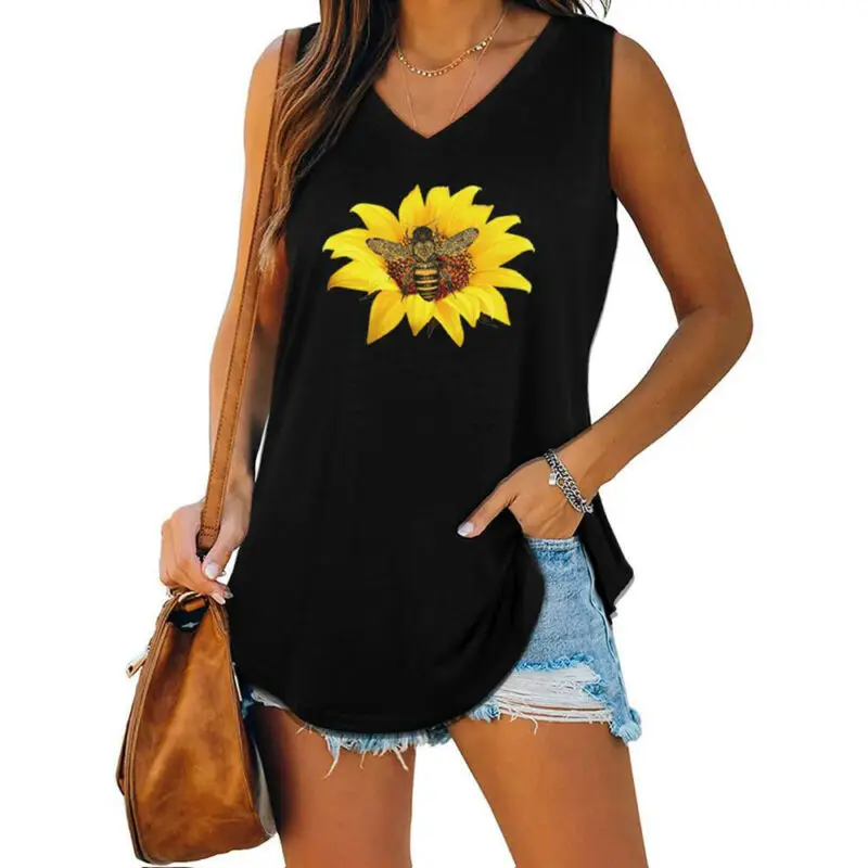 

VICABO Women Loose Casual Camis V-Neck Sleeveless Tank Tops Summer Baggy Sunflower Printed Camisole Vest T-Shirt Tee blouses