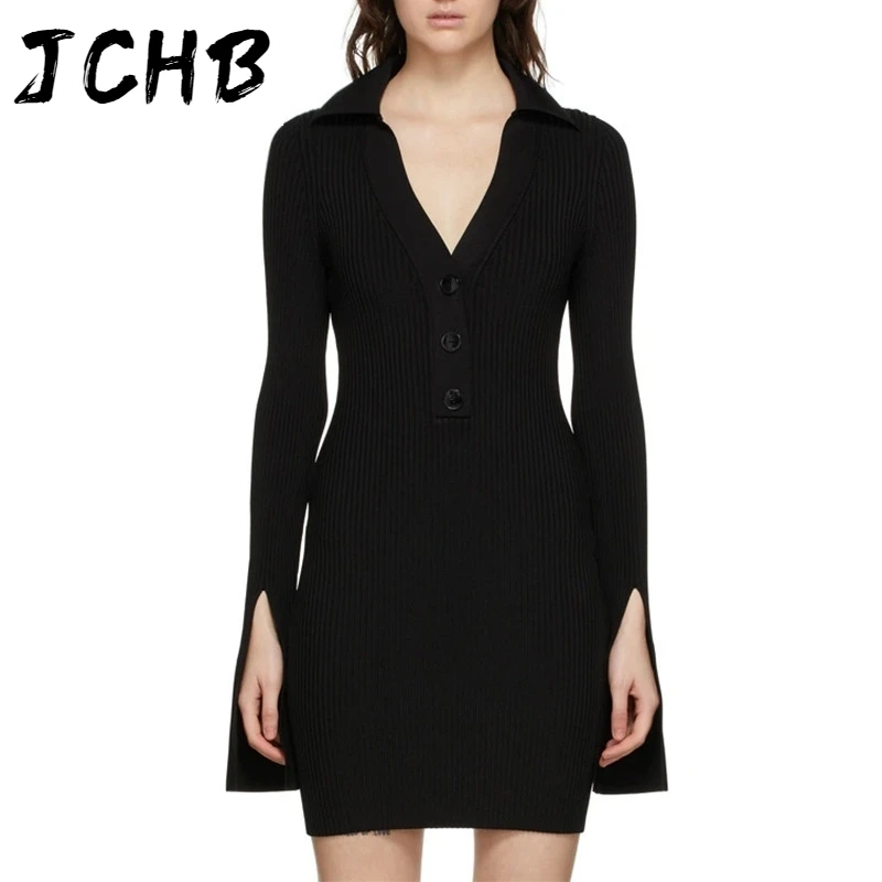 JCHB 2021 New Spring And Summer Fashion Casual Skinny Black Dress Women's Temperament V- Slim Slit Long Sleeve SH418