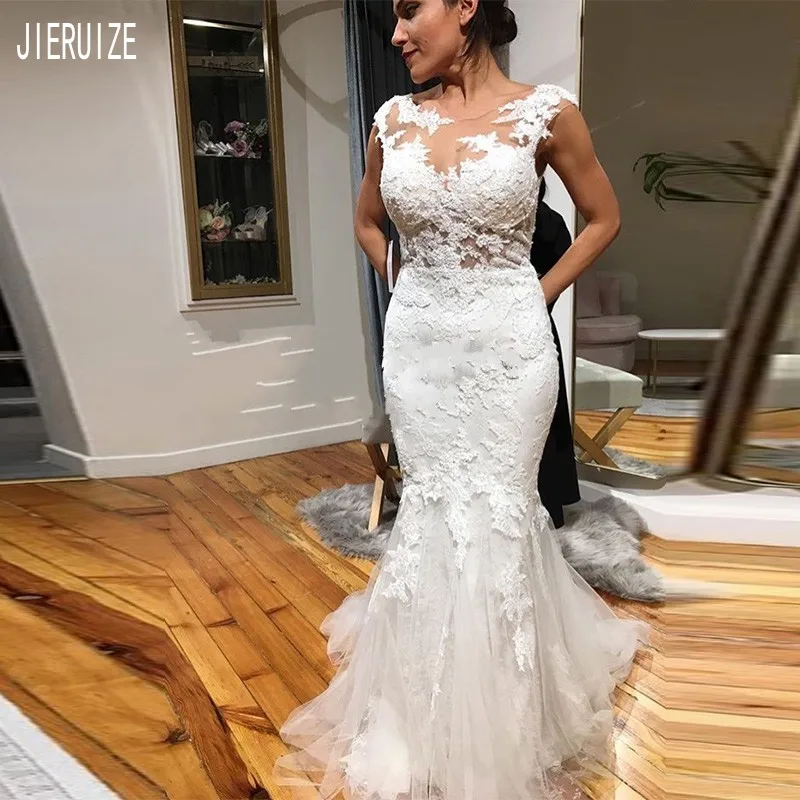 JIERUIZE Mermaid Wedding Dresses Backless Cap Sleeves Scoop Neck Lace Appliques See Through Bridal Gowns Vestido De Noiva
JIERUIZE Mermaid Wedding Dresses Backless Cap Sleeves Scoop Neck Lace Appliques See Through Bridal Gowns Vestido De Noiva