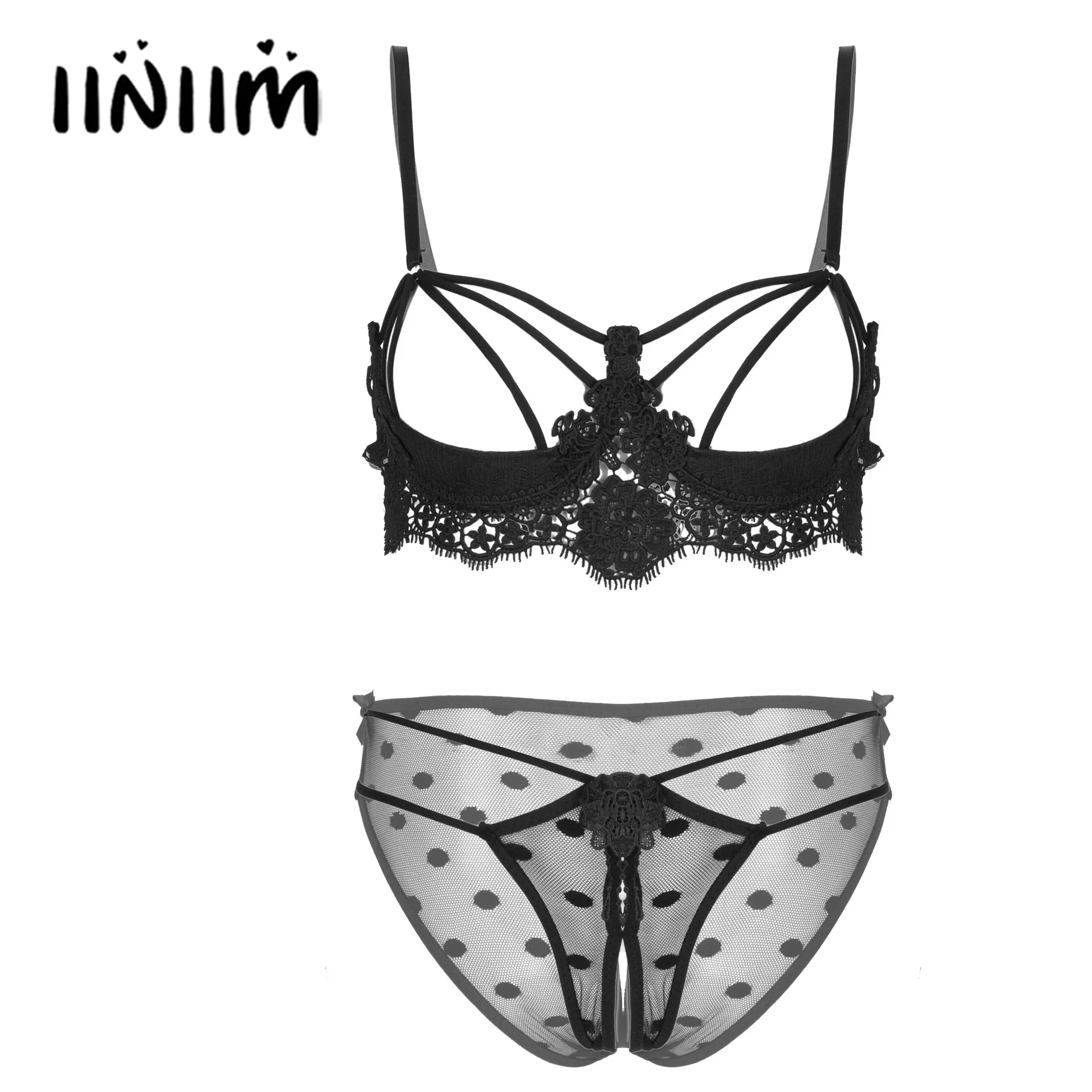 

Womens Erotic Sexy Underwear Set Push Up Underwire Strappy Bra with Crotchless Briefs Lingerie Lace Embroidered Bra Panties Set