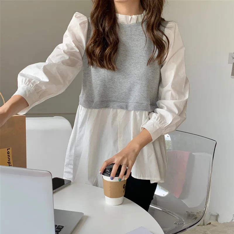 Streetwear Fake Two Piece Blouse Women Vintage Puff Sleeve Patchwork Irregular Blouse Shirts Spring Autumn Tops blusas mujer
Streetwear Fake Two Piece Blouse Women Vintage Puff Sleeve Patchwork Irregular Blouse Shirts Spring Autumn Tops blusas mujer