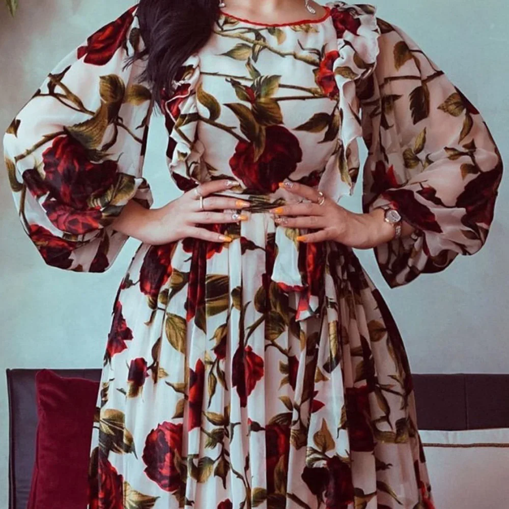 Bohemia Dress Rose Printing Ruffle Puff Sleeve Round Neck Draw Back Waistband Spring Autumn Long Skirt
Bohemia Dress Rose Printing Ruffle Puff Sleeve Round Neck Draw Back Waistband Spring Autumn Long Skirt