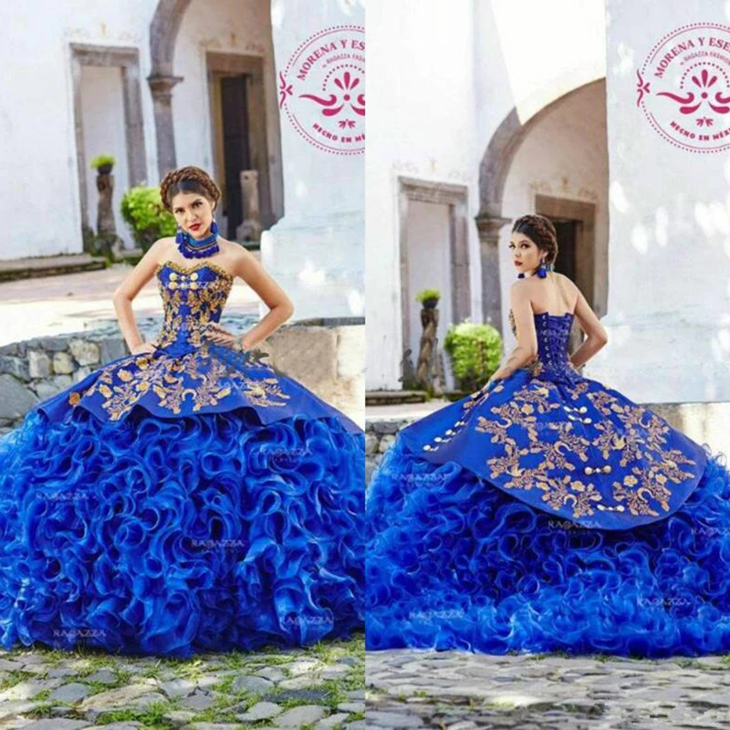 Королевское синее мексиканское платье Quinceanera золотые бриллианты стандартное