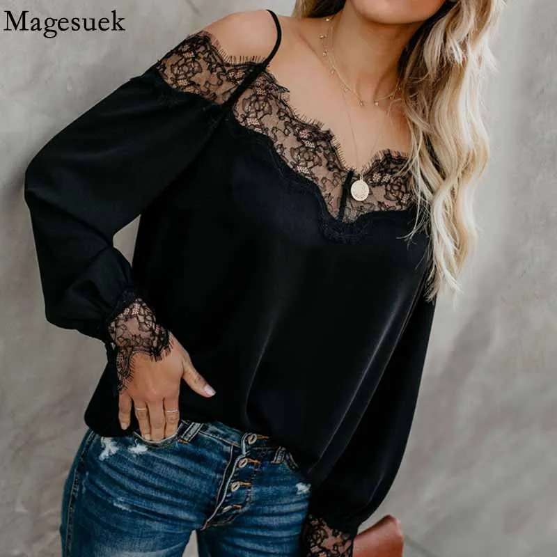 

Sexy Loose Women Tops Blusa Mujer Fashion Off-shoulder Stitching Lace Blouse Women V Neck Long Sleeve Black Chiffon Shirt 16582
