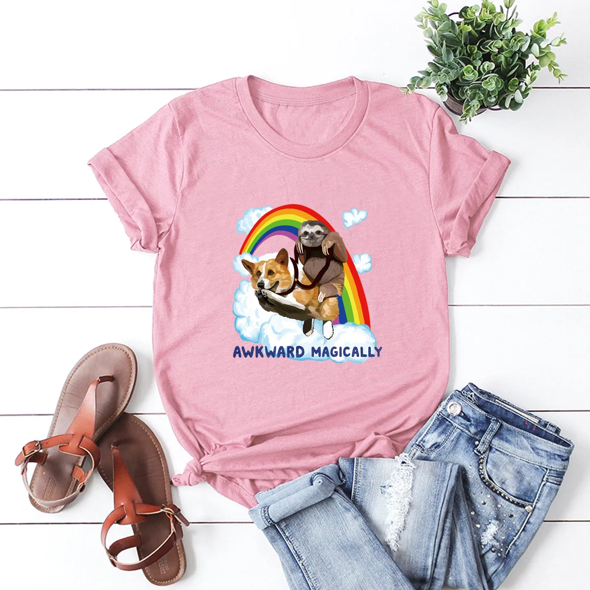 Rainbow dog sloth wish ebay удобная женская футболка из 100% чистого хлопка с коротким рукавом