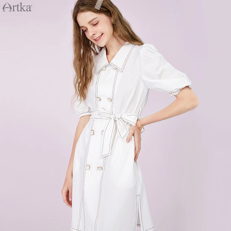 Женское винтажное двубортное платье-рубашка ARTKA, белое платье-рубашка с поясом и отложным воротником, с пышными рукавами, LA25800X, лето 2020
Женское винтажное двубортное платье-рубашка ARTKA, белое платье-рубашка с поясом и отложным воротником, с пышными рукавами, LA25800X, лето 2020