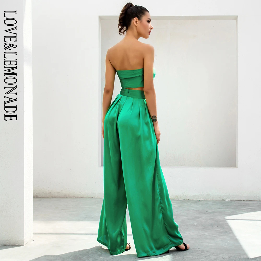 LOVE&LEMONADE EMERALD GREEN Changeable Straps Two-Pieces High Waist Flared Pants Set LM6473