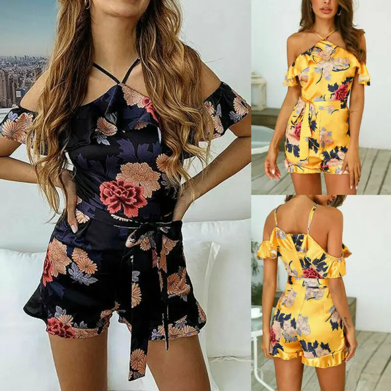 Hirigin Floral Print Satin Playsuit Women Summer Sexy Off Shoulder Halter Sleeveless Ruffle Jumpsuit Beach Work Overalls Shorts | Женская