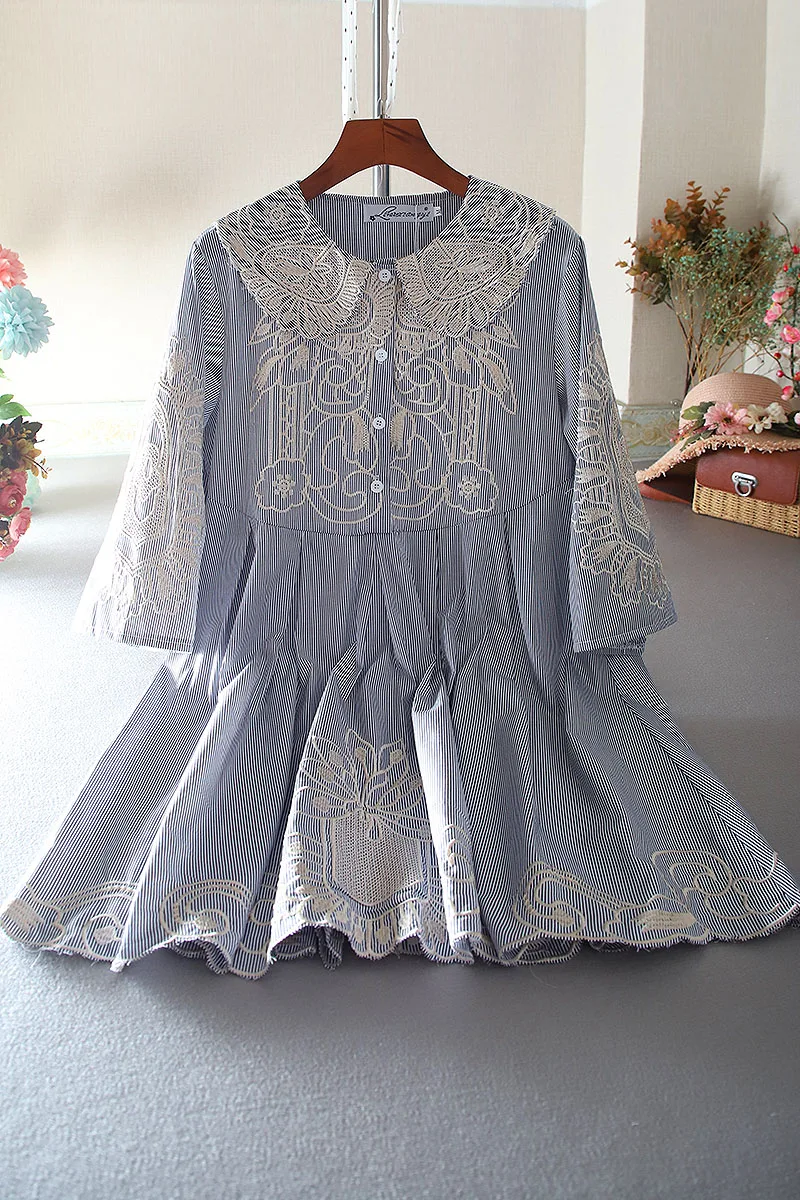 SuperAen Spring Summer Retro Peter Pan Collar Loose A Line Ruffles Embroidery Dresses for Women