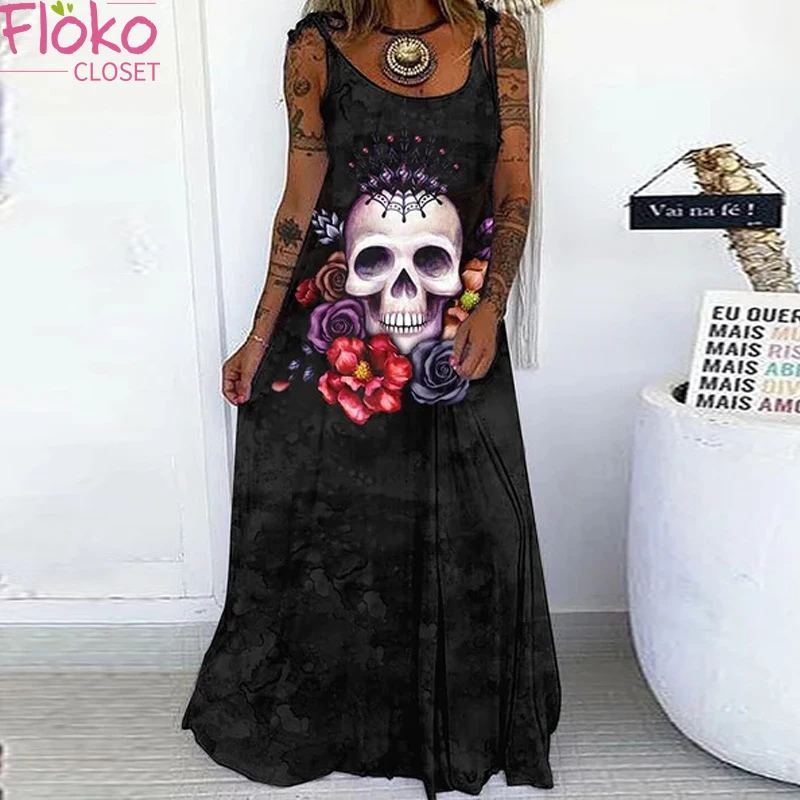 Flokocloset Summer Punk Skull Print Loose Lace Up Maxi Dress Casual Sleeveless Long Dress Streetwear Vestido De Mujer
Flokocloset Summer Punk Skull Print Loose Lace Up Maxi Dress Casual Sleeveless Long Dress Streetwear Vestido De Mujer