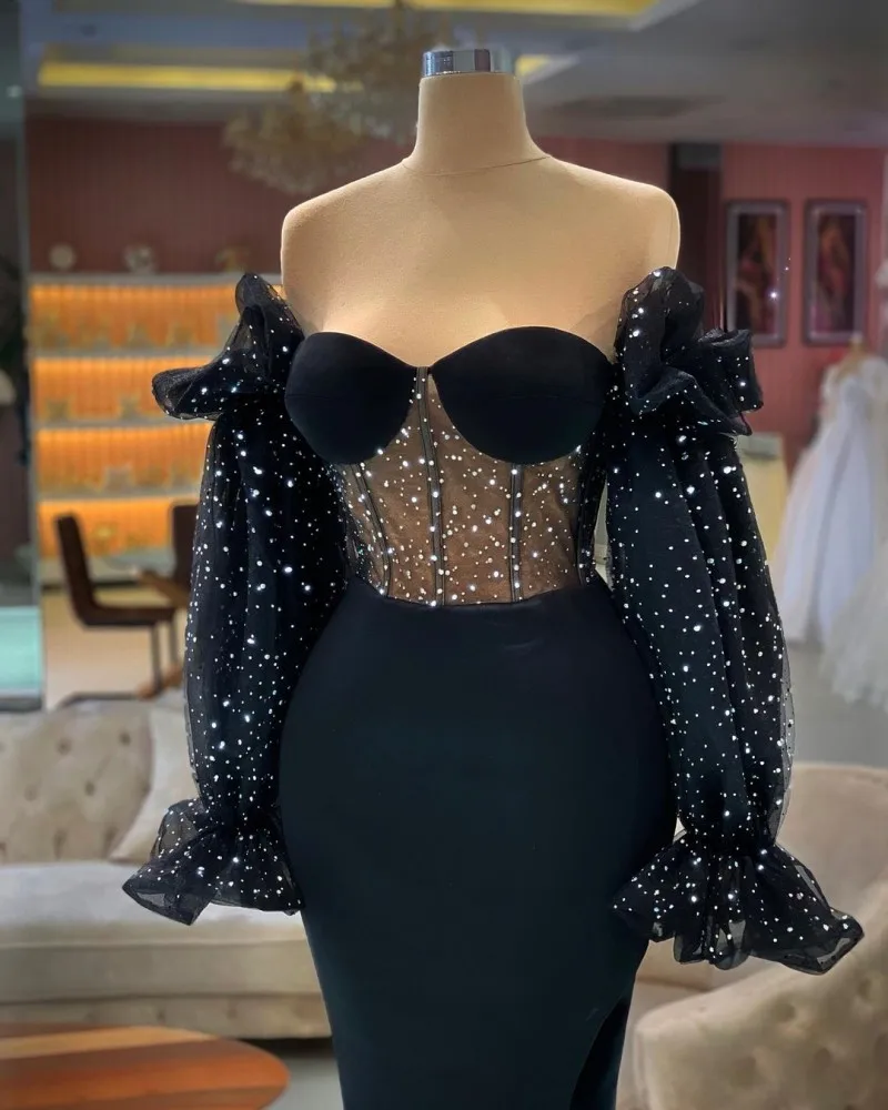 Sexy Black Long Sleeves Evening Dress for Women Party Off the Shoulder Beading Lace Mermaid Prom Gowns robe de soirée de mariage
Sexy Black Long Sleeves Evening Dress for Women Party Off the Shoulder Beading Lace Mermaid Prom Gowns robe de soirée de mariage